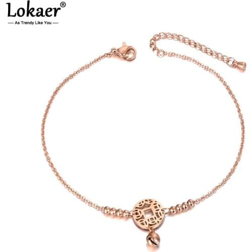 Lokaer Chinese Ethnic Rose Gold Charm Anklet Foot Jewelry Stainless Steel Ancient Coins Chain & Link Anklets For Women A19017