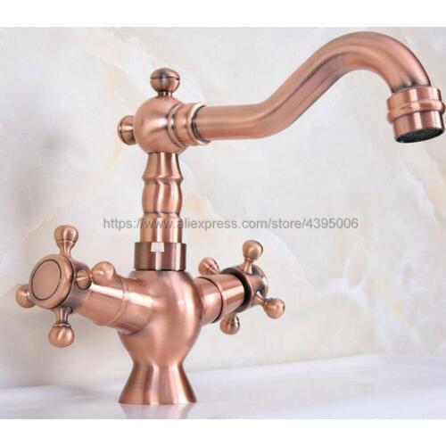 Antique Red Copper Bathroom Basin Faucet Dual Handles Vanity Sink Mixer Tap Hot And Cold Water Bnf616