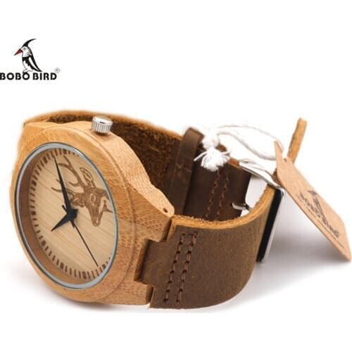 BOBO BIRD Elk Head Natural Wooden Watches With Genuine Cowhide Leather Lovers Luxury Wristwatch Mens Wood Watch as Gifts C-F29