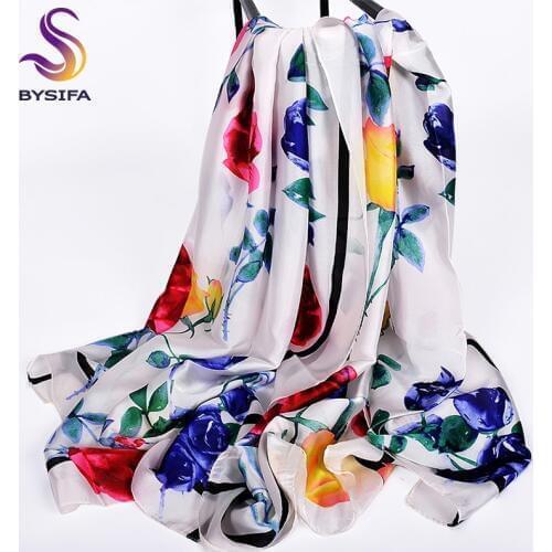 [BYSIFA] Ladies Spring Silk Scarf Fashion Brand Womens Scarves Summer Rose Beach Shawl Cover-ups Foulard Femme White 180*90cm