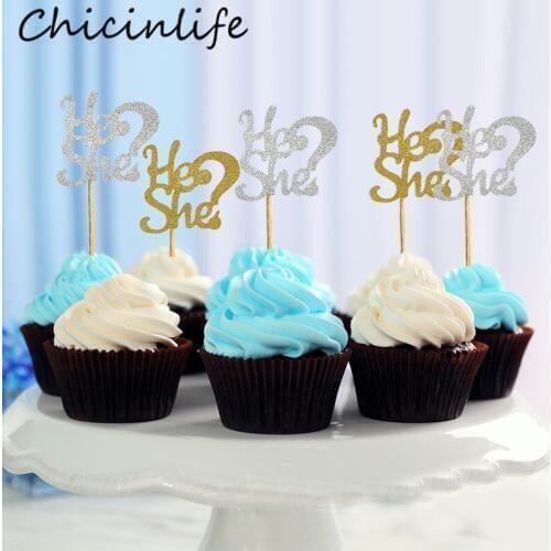 Chicinlife 5Pcs Gold/Silver He Or She Cupcake Topper Boy Girl Birthday Party Decoration Baby Shower Gender Reveal Party supplies