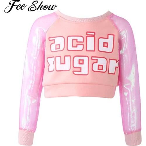 Kids Girls See-through Glittering Mesh Long Sleeves Alphabet Print Cropped T-shirt for Modern Dance Jazz Gymnastics Dancewear