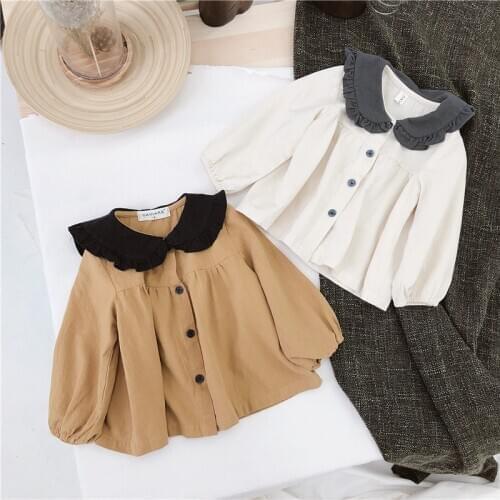Spring 2019 new childrens wear Korean girls' contrast baby collar cotton hemp baby shirt childrens shirt