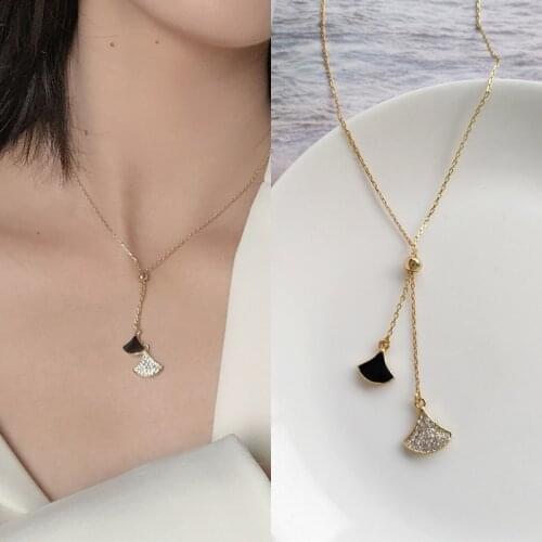 Classic Elegant Metal Chain Black Rhinestone Sector Pendant Necklace for Women Girls Teens Korean Fashion Necklaces 2021 Trend