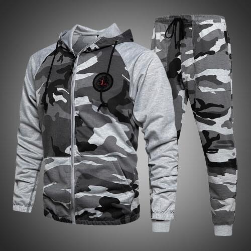 Mens Tracksuits 2021 Grey Camoflage Hoodies And Pants Men Running Suit Camo Sweatsuits 2 Piece Set Autumn Winter Outfits Men