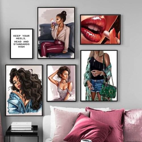 Wall Art Canvas Painting Fashion Girl Illustration Smoking Lip Wine Nordic Posters And Prints Wall Picture For Living Room Decor