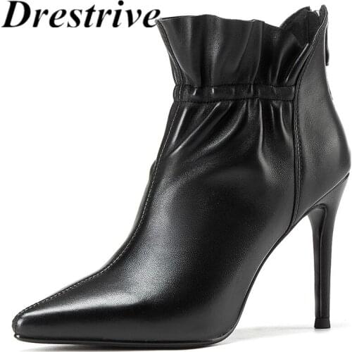 Drestrive 2020 New Arrival Women Ankle Boots Sheepskin Leather Thin Heels 9 cm Zipper Black Pointed Toe Pleated Winter Shoes