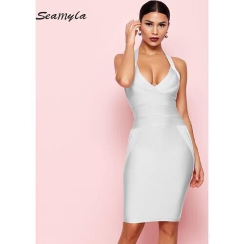 Seamyla Bodycon Bandage Dress Women 2021 New Summer Halter V - Neck Sleeveless Celebrity Evening Party Sexy Night Club Dresses