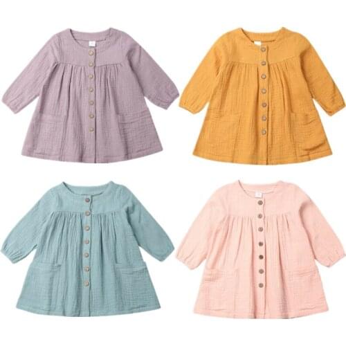 Autumn Toddler Baby Girl Dress Tops Solid Long Sleeve Button Party Pageant Casual Dress Wedding Dress