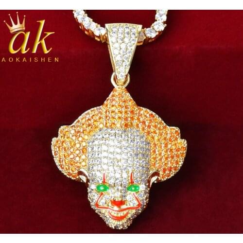Orange Hair Clown Pendant Necklace Charm Bling AAAAA Cubic Zircon Mens Hip Hop Rock Jewelry