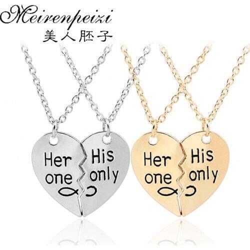 2Pc/set 'Her one His Only' New Valentines Day Fashion Lettering Necklace Broken Heart Couple Pendant Necklaces For Lovers Gift