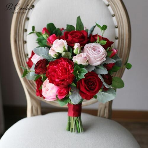 PEORCHID Bridal Flower Bouquet Artificial Fleurs Artificielles Exterieur Red Pink Rose Peony Wedding Bouquet For Bride 2019