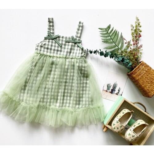 Tonytaobaby Girls Dress Green Plaid Bow Camisole Mesh Girl Pastoral Style Dress Girl
