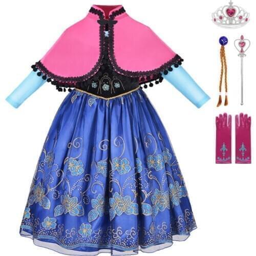 Baby Girls Dress Anna Princess Cosplay Costume with Cloak Child Halloween Clothing Snow Queen 2 Anna Birthday Party Fancy Dress