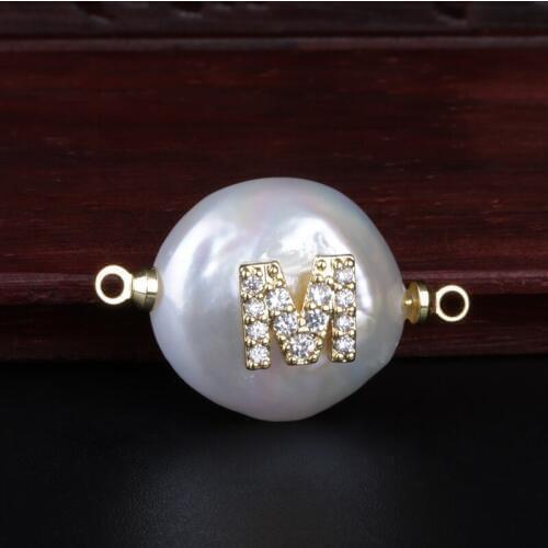 White CZ ABCDEFG initial 26 alphabet letter name charm freshwater pearl pendant connector bead for birthday wedding jewelry DIY