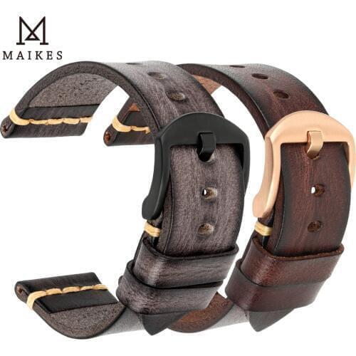 MAIKES Handmade Watch Band Cow Leather Watch Strap Vintage Watchband With Stainless Steel buckle For Panerai Omega SEIKO CITIZEN