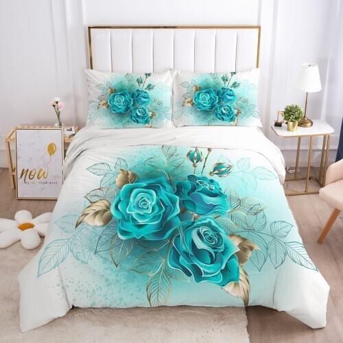 Luxury Bedding Set with Zipper 3D Duvet Cover Set Bed Linen Quilt/Comforter Coves King Queen Single Twin Size Blue Flower Design