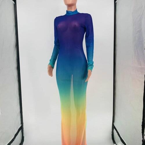 Rainbow Color Sexy Patchwork Tie-Dye Half A Turtleneck Pencil Skirt Dresses