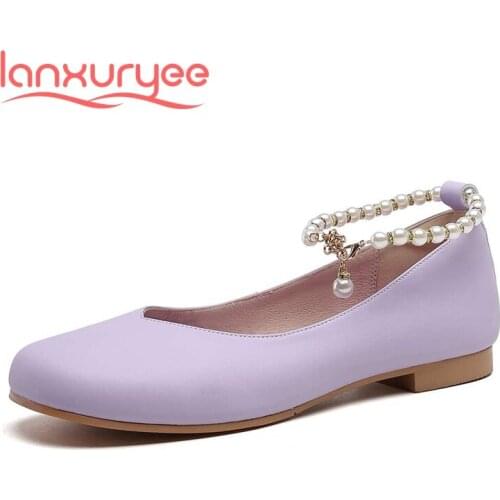 Lanxuryee comfortable leisure three colors beading round toe low heel buckle straps daily wear dress superstar women pumps L66