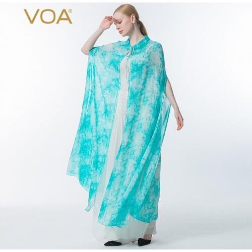 VOA Silk Georgette Printing Process Fungus Round Neck Three-dimensional Fold Cloak-type Sun Protection Shirt Jacket WE110