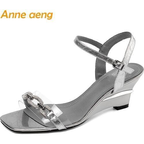 2019 New Summer Genuine Leather Women Sandals High Wedges Heel Buckle Crystal Sexy Ladies Women Shoes Silver Female High Heels