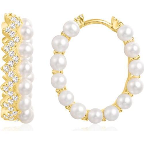 SLJELY Real 925 Sterling Silver Yellow Gold Color Zigzag Up and Down Earrings with Pearl Micro Zircon Fine Women Fine Jewelry