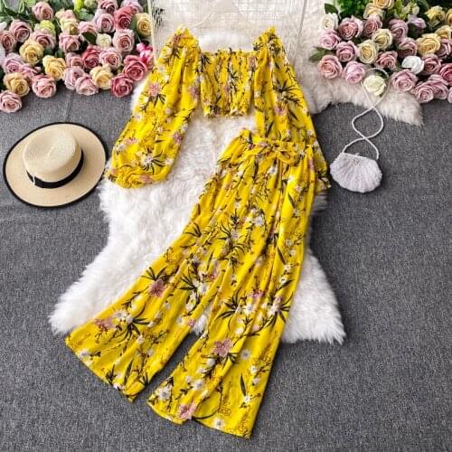 Two Piece Set 2021 New Fashion Women Long Sleeve Elastic Pleated Blouse+Bandage Loose Pants Floral Summer Chiffon Tops Suit