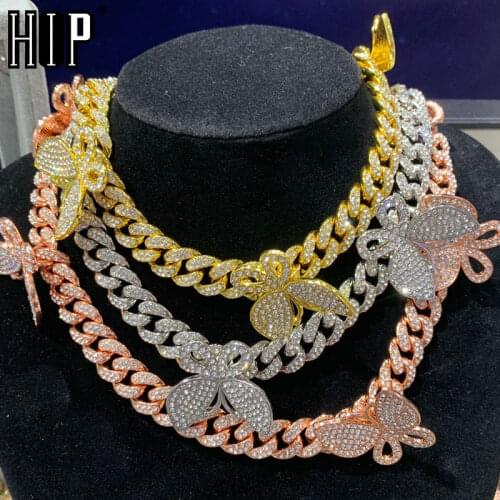 Hip Hop 13MM Iced Out Paved Rhinestones 1Set Miami Curb Butterfly Cuban Chain CZ Bling Rapper Necklace Bracelet For Men Jewelry