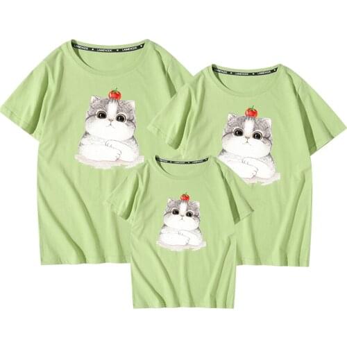 Cute Cat Print Graphic Tees T Shirts Green Pink 100%Cotton High Quality Cartoon Family Matching Clothes Kids Adult Tee Tops
