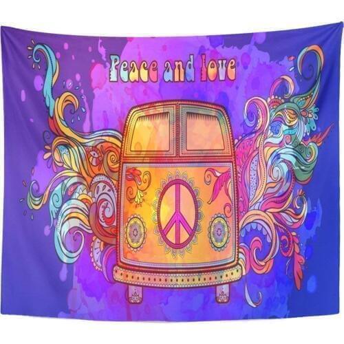 Tapestry Hippie Vintage Car Mini Van Ornamental Love and Music Home Decor Wall Hanging for Living Room Bedroom Dorm