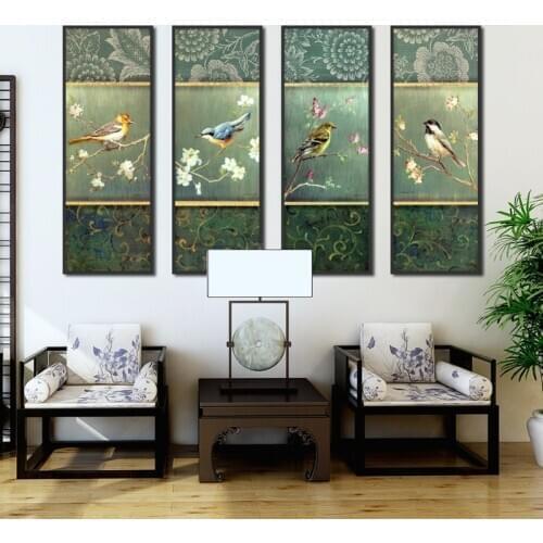 Canvas Picture European Classical Hand-painted Flower And Bird New Chinese Style Four Screen Vertical Rectangular Decorative Pai