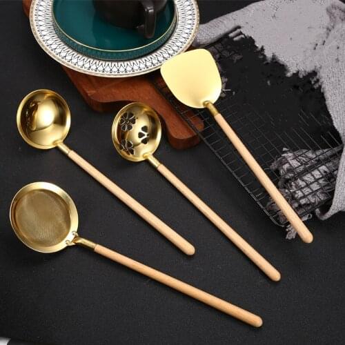 Wooden Handle Kitchenware Cooking Utensils Stainless Steel Gold Silver Spoon Colander Soup Scoop Frying Spatula Household Gadget