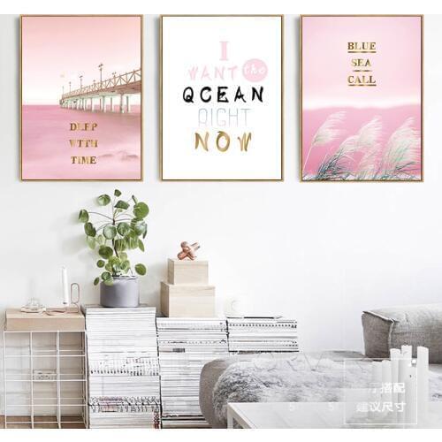 Wall Art Picture Girly Dreamy Pink Bridge Ocean Landscape Painting Art Print Posters Living Room Coffee Home Decor Background