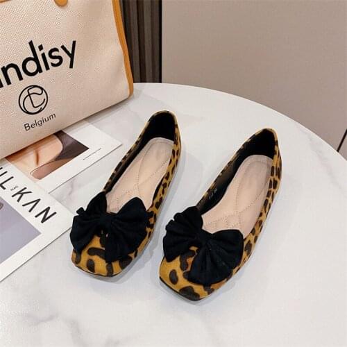 New Arrival Women Ballet Flats Shoes Women Plus Size 35-41Black Leopard Square Toe Bowtie comfort Flat Shoes For Lady