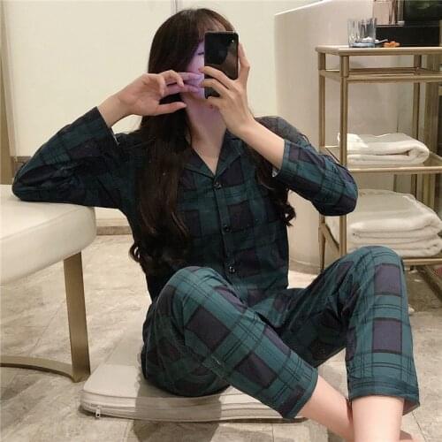 2020 Autumn Casual Plaid Long Sleeve Pajama Sets for Women Print Sleepwear Suit Pyjamas Femme Homewear Pijama Mujer Home Clothes