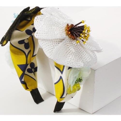 White Flower Headband Rhinestone Crystal HairBand Beads Embroidery Sequin Headbands Stain Fabric Head Beads Hair Accessories