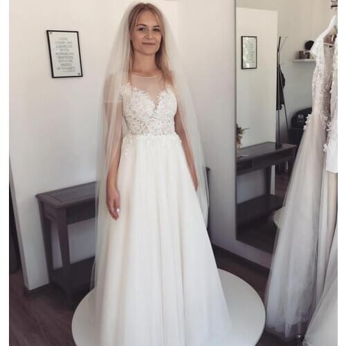 Simple Chiffon Wedding Dress A Line Short Sleeve Sheer Neck Bridal Gowns Appliques White Sweep Train Custom Made Wedding Dresses