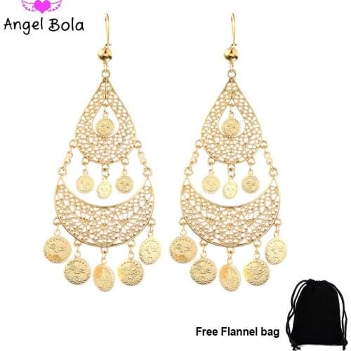 Arab Women Luxury Golden Water Drop Hollow Long Tassel Fashion Pendant Earrings Muslim Jewelry Party Wedding Holiday Gift