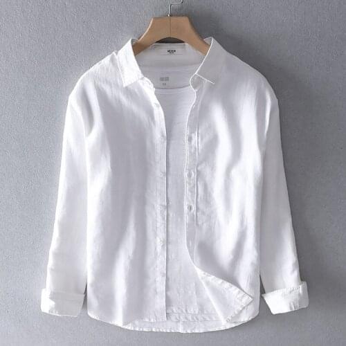 Mens Cotton Linen Long Sleeve Shirt White Casual Youth Shirt Men Spring Summer Button Up Top Social Oversized Shirt Boys 3xl 4xl