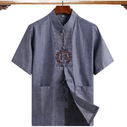Gray Embroidery Chinese Traditional Men Kung Fu Shirt Cotton Linen Wu Shu Uniform Short Sleeve Tai chi Blouse Tops M To 4XL