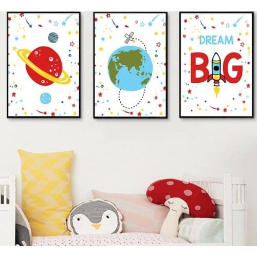 Modern Style Cartoon Rocket Earth Canvas Painting Wall Art Nordic Posters and Prints Wall Pictures for Living Room Decoration