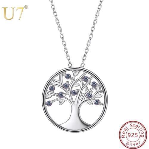 U7 100% 925 Sterling Silver Tree Of Life Round Pendant & Chain With Gem 2018 Mothers Day Gift New Women Jewelry Necklace SC45
