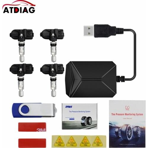 USB TPMS Android Car Tire Pressure Monitor with 4 External Sensors 116 psi Monitoring Alarm System 5V Wireless Transmission TPMS