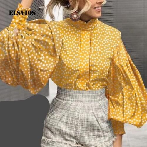 Ladies Elegant Blouse Stand-up Collar Lantern Sleeve Buttons Top Shirt Spring Fall 2021 Women New Fashion Printed Office Blouses