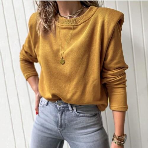 Casual Padded Shoulder Long Sleeve Bottoming Shirts Women Solid Color T-Shirt Fashion Autumn Lady Round Collar Pullover Tops