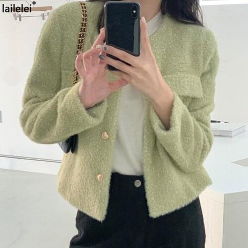 Love button short woolen coat O-neck solid color autumn/winter 2021 new coat Korean chic retro chic elegant top
