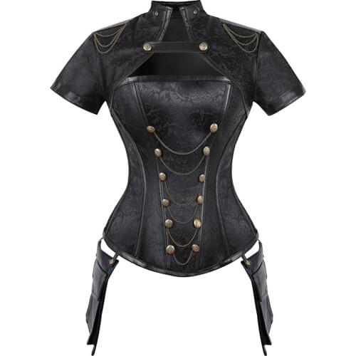 Womens Corset Gothic Steampunk Clothing Spiral Steel Boned Retro Goth Brocade Overbust Corset Top with Jacket and Pockets