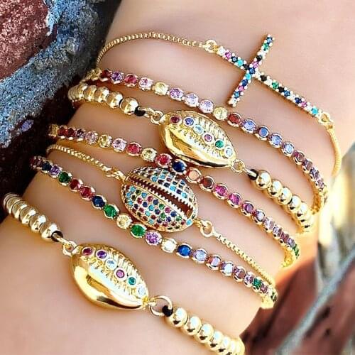 Bohemian Shell Bracelet CZ Rainbow Cross Tennis Bracelet & Bangle for Women Adjustable Chain Charm Bracelet Gold Beach Jewelry