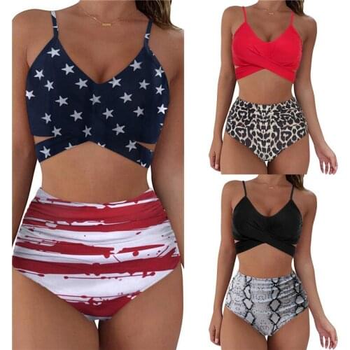 Women Two-piece Swimming Clothes High Waist Push Up Bikini Suit Swimsuit Printed Pattern Backless Tops And High Waist Shorts Set
