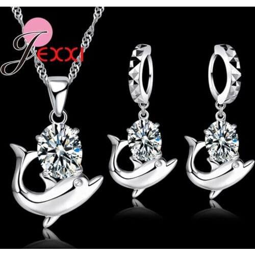 New Design Sweet Dolphin Shaped 925 Sterling Silver Austrian Crystal Jewelry Set Pendant Necklace Earrings Sets for Women